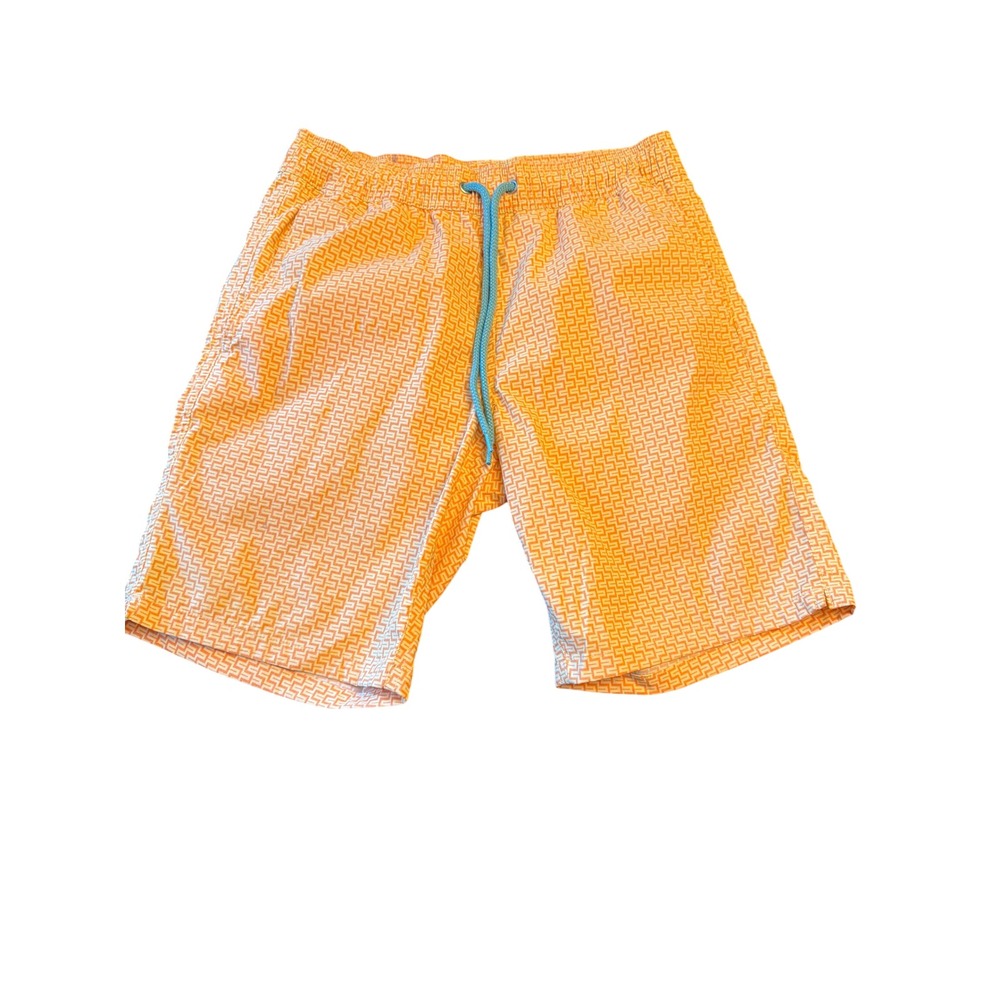 J.Crew Swim Trunks Orange Geometric Maze Swimwear XS Mesh Lined Teal Tie